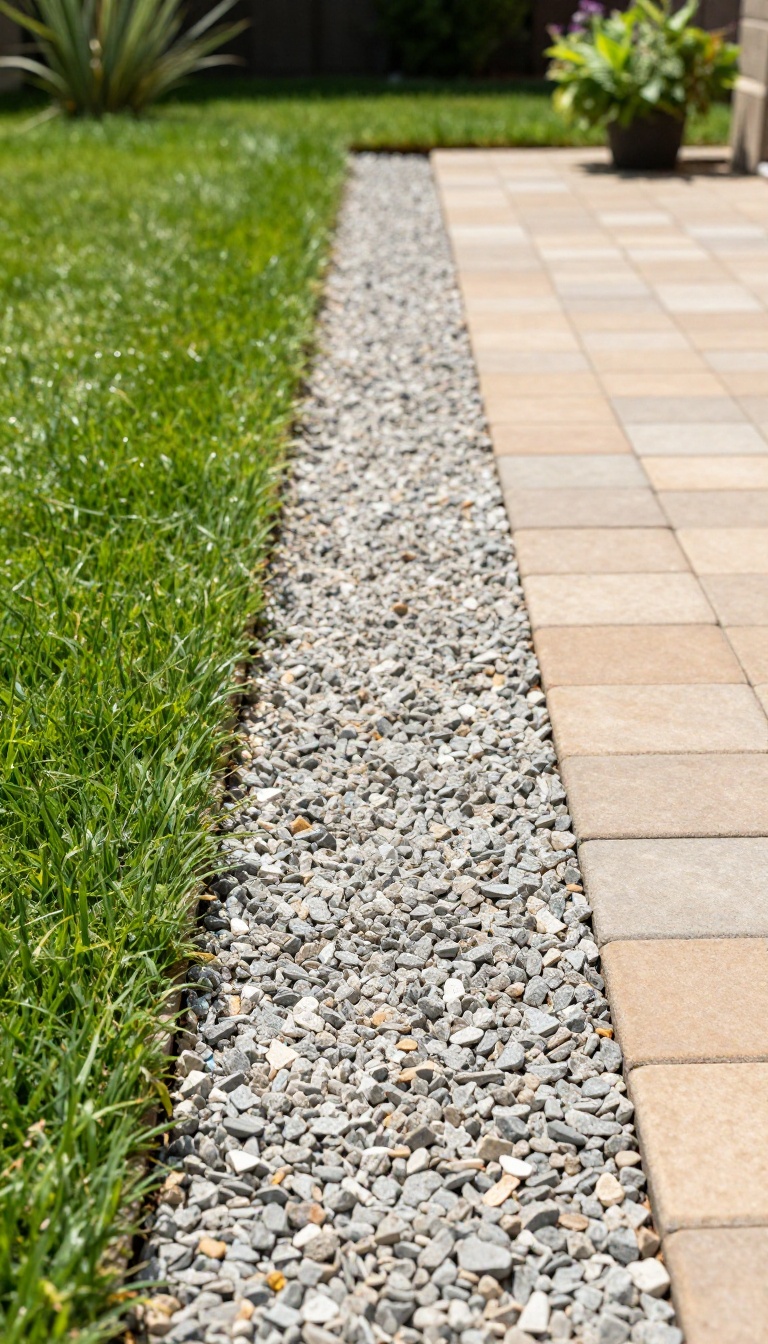 Narrow gravel transition strip separating a green lawn from a paver patio in a bright backyard
