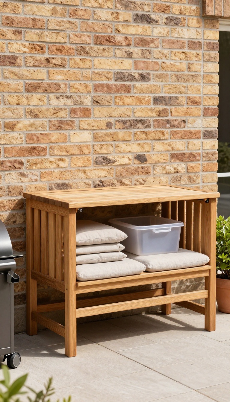 Slim teak storage bench with open lid revealing cushions, placed against a brick townhome patio wall in bright daylight.
