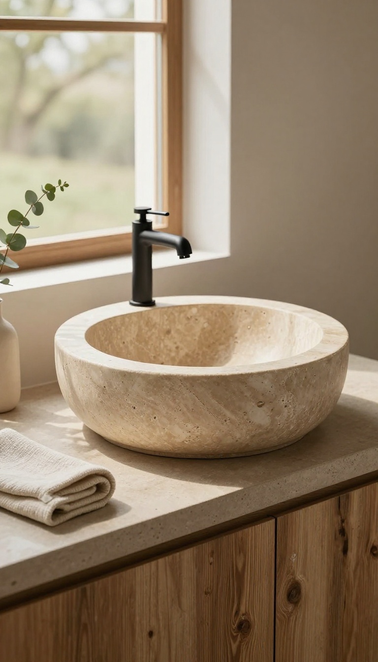 Modern rustic bathroom vanity with a natural stone vessel sink on a concrete countertop in bright natural light