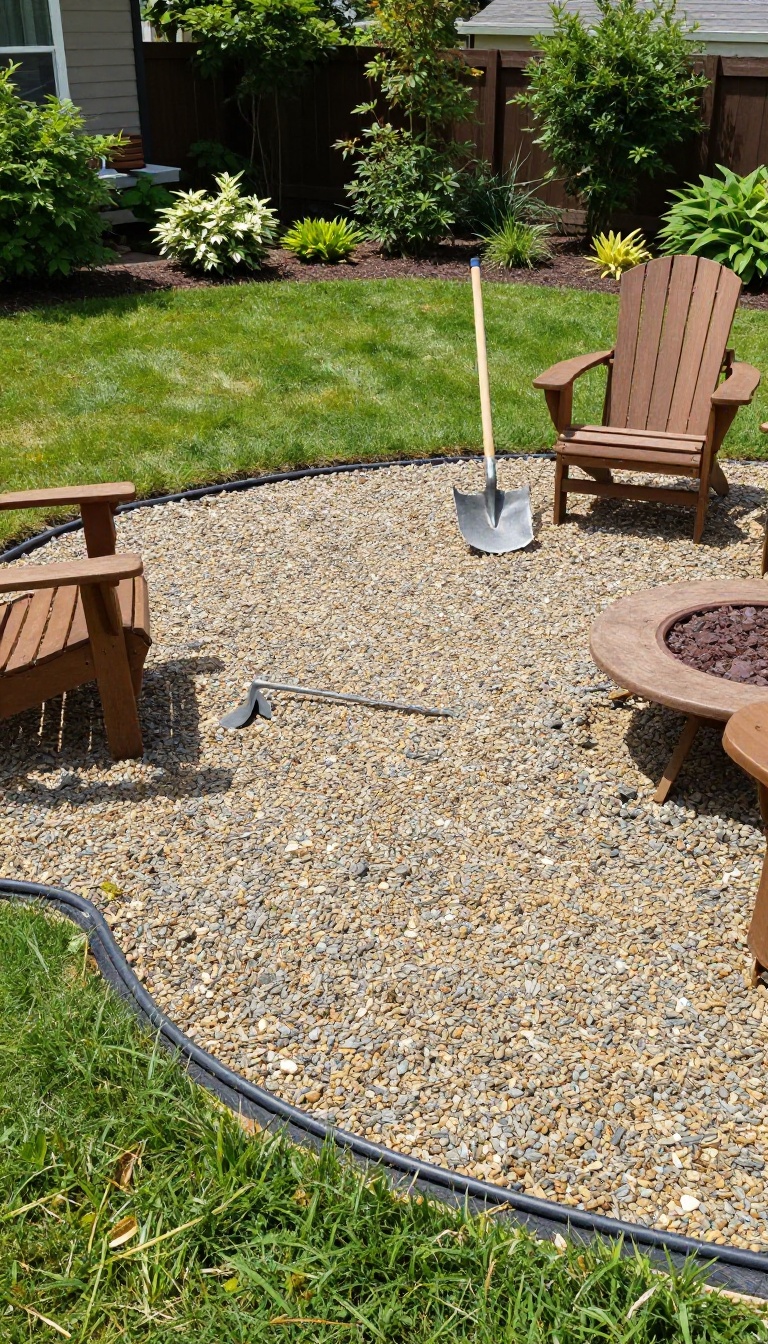 Freshly finished gravel patio in a sunny backyard with adirondack chairs, a fire pit, and DIY tools nearby