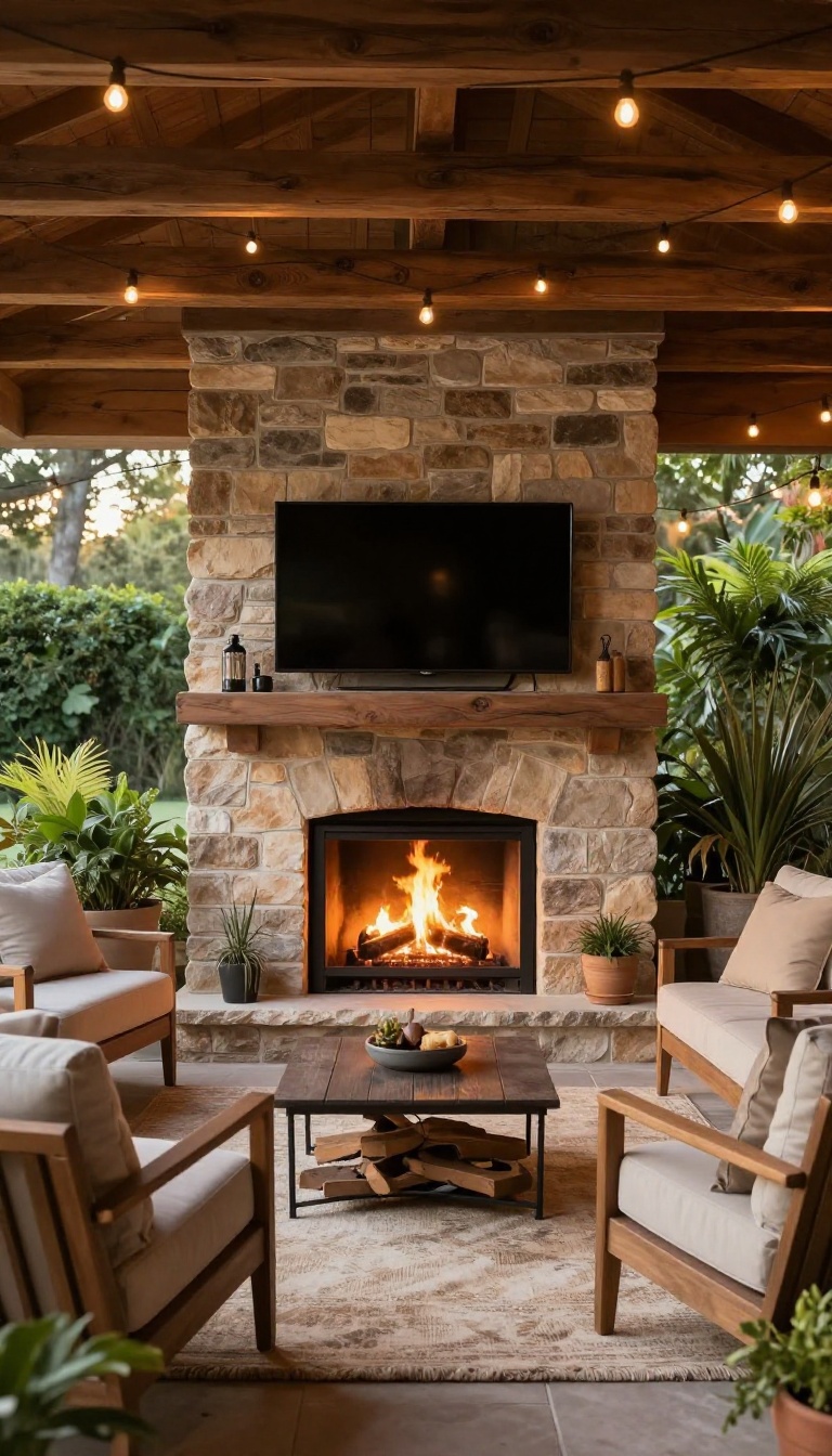 Outdoor covered patio with a stone fireplace and a TV mounted above the mantel, surrounded by comfortable seating and warm lighting.