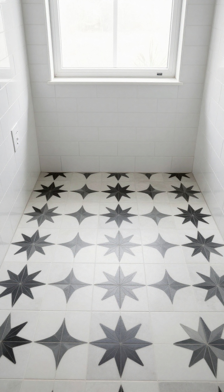 Modern bathroom with bold geometric patterned porcelain floor tiles in black, white, and gray, bright natural light, minimal white walls and simple vanity