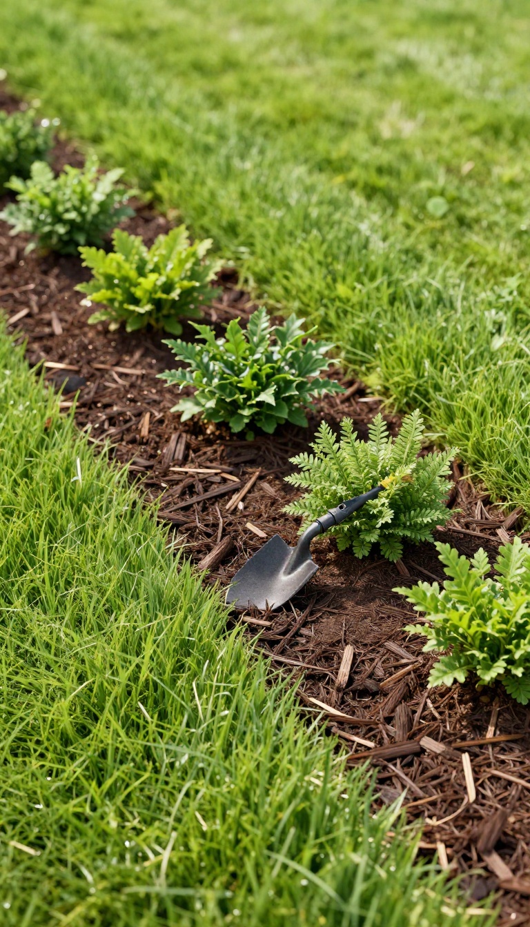 Freshly cut crisp edge between dark mulch planting bed and green lawn in a sunny backyard