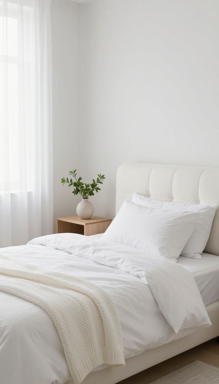 Small bright white bedroom with a soft white upholstered bouclé headboard and crisp white bedding in natural light