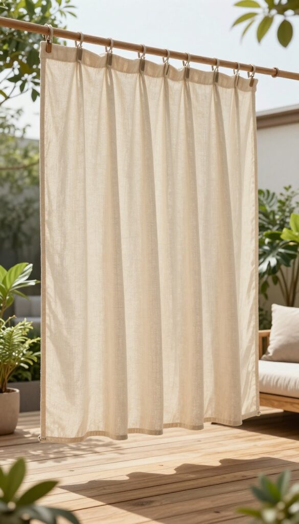 DIY canvas drop cloth curtains on an outdoor patio, providing privacy and softness.