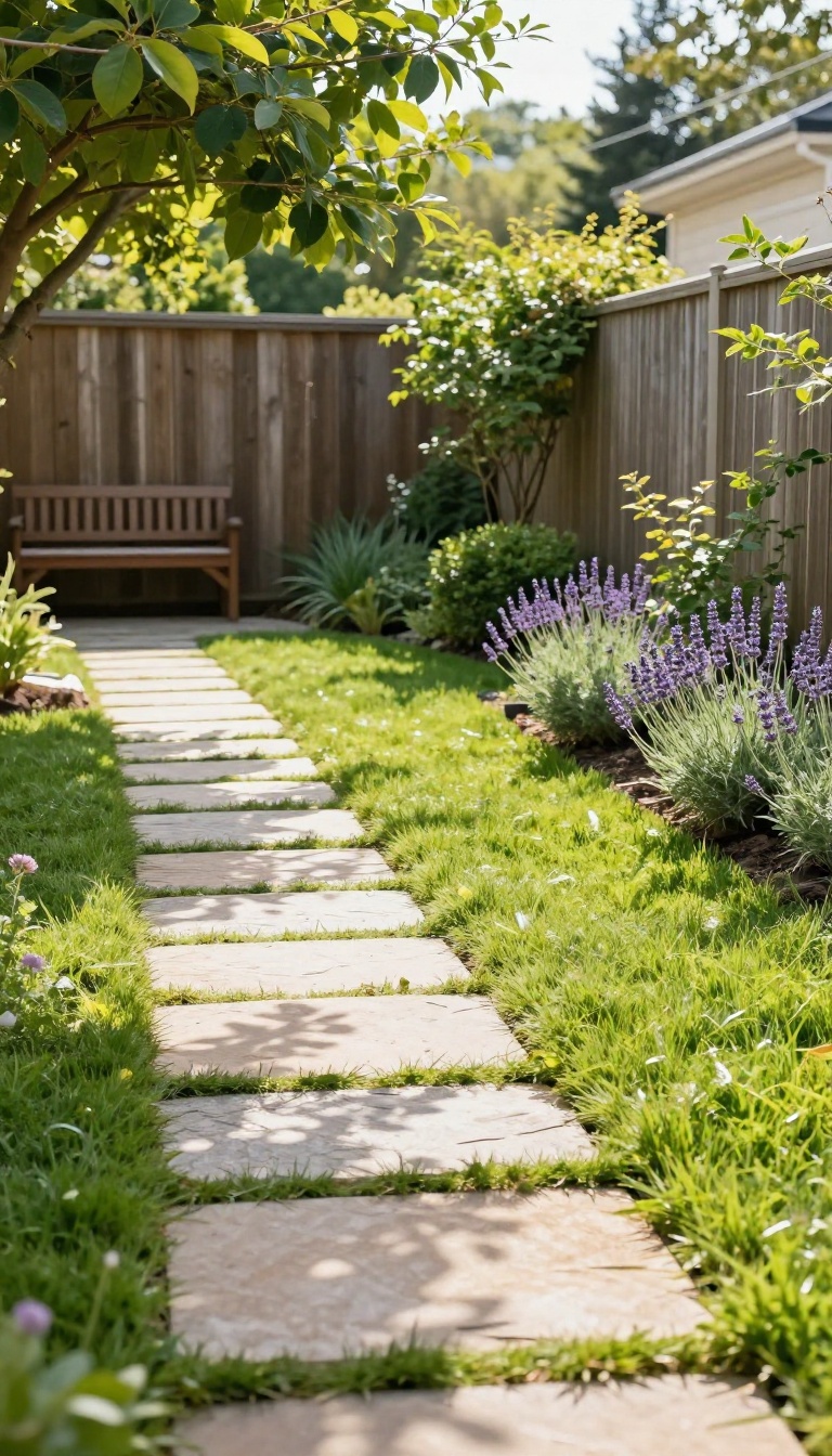 Small backyard with a diagonal flagstone path crossing the lawn toward a tree and bench in bright natural light