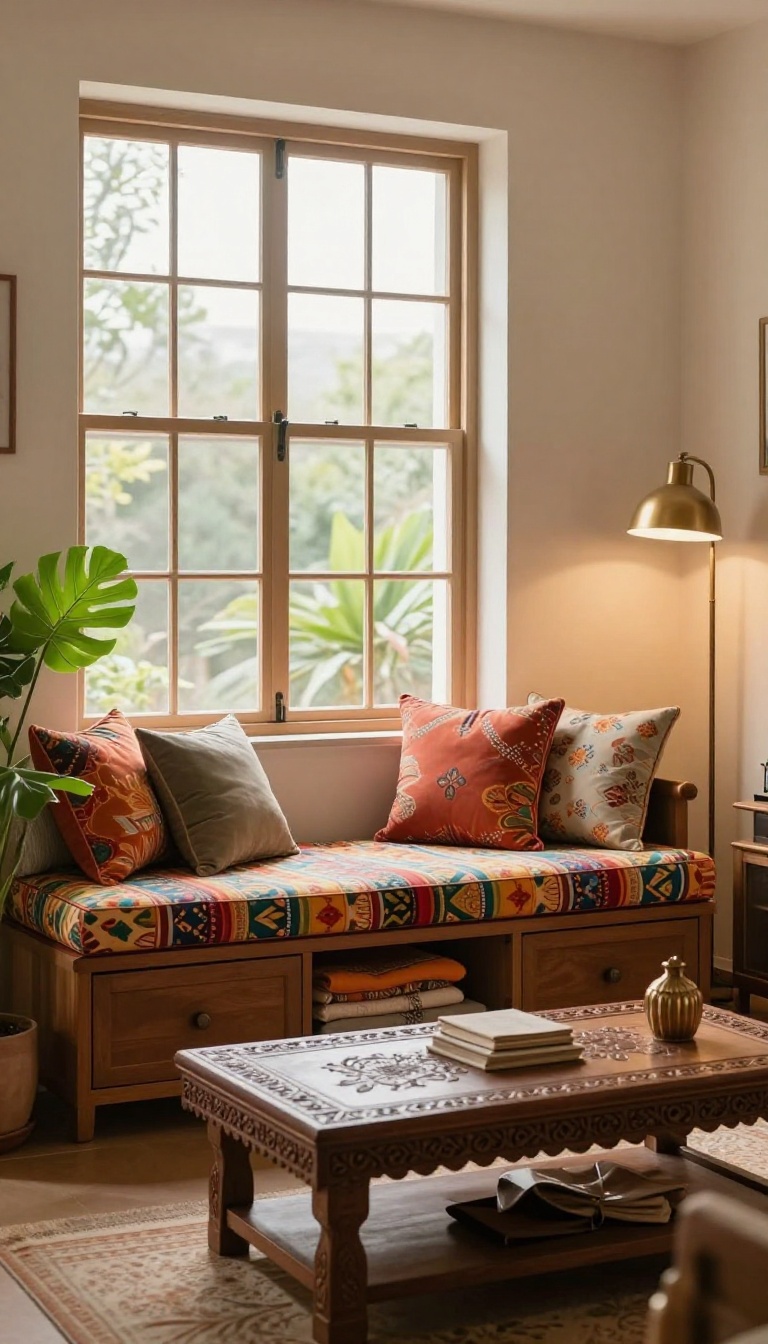 Small Indian living room with a window seat featuring built-in storage and colorful cushions