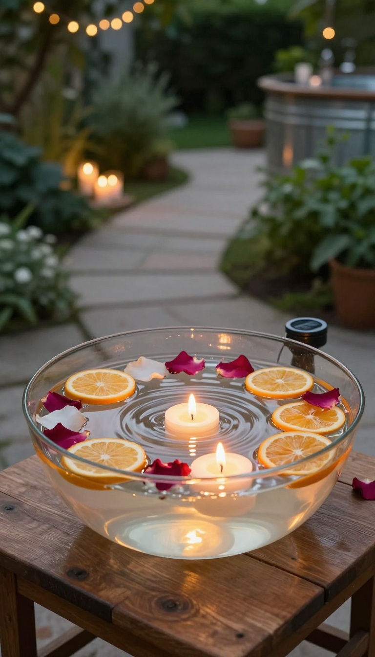 Floating candles in a glass bowl of water with petals and citrus slices beside a glowing backyard water feature at an engagement party