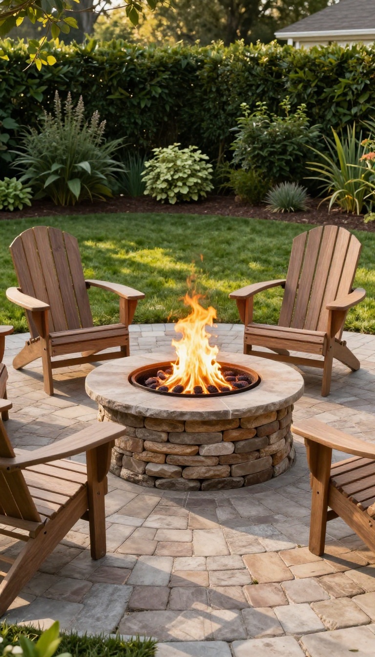 Circular tumbled paver pad with a stone fire pit and wooden chairs in a sunny backyard