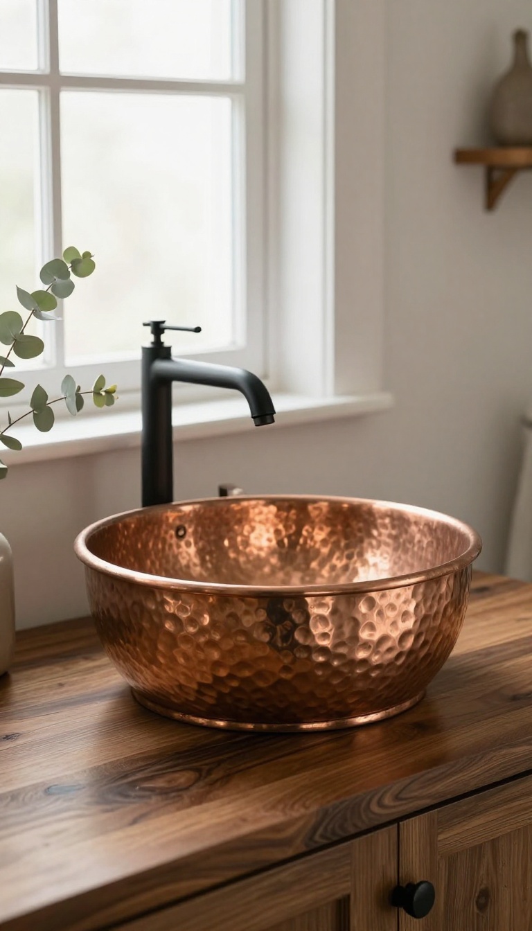 Hammered copper vessel sink on a dark wood countertop in a rustic bathroom with warm natural light