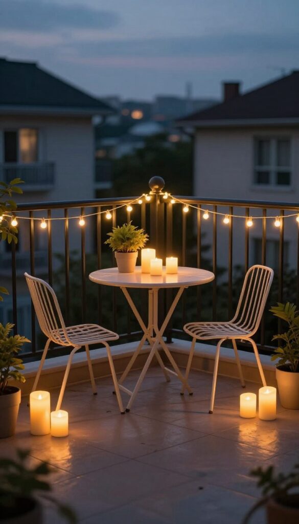 Cozy apartment patio with warm string lights and bistro seating at dusk