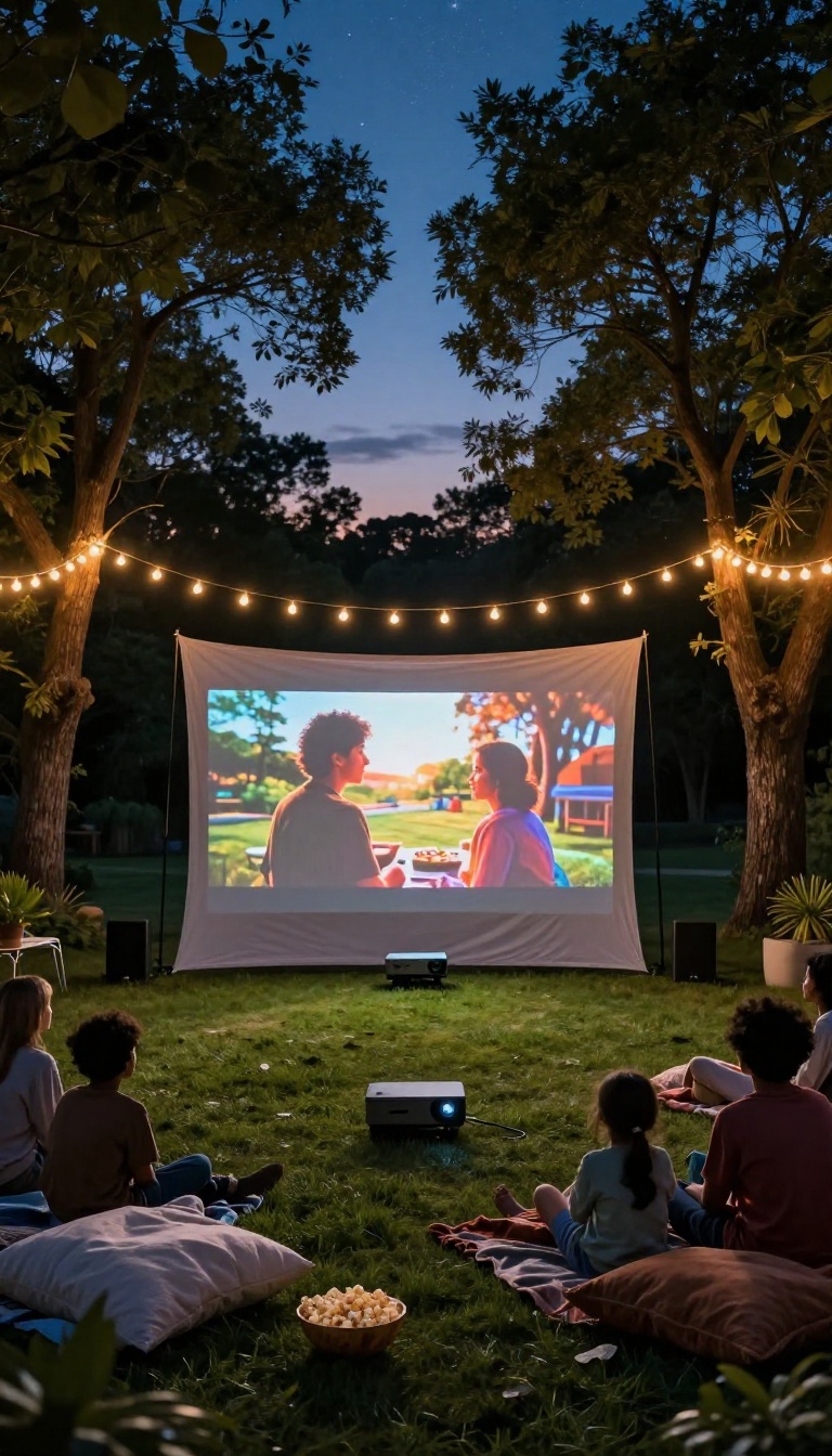 Backyard movie night setup with a white sheet screen between trees, blankets on the grass, and warm string lights at dusk