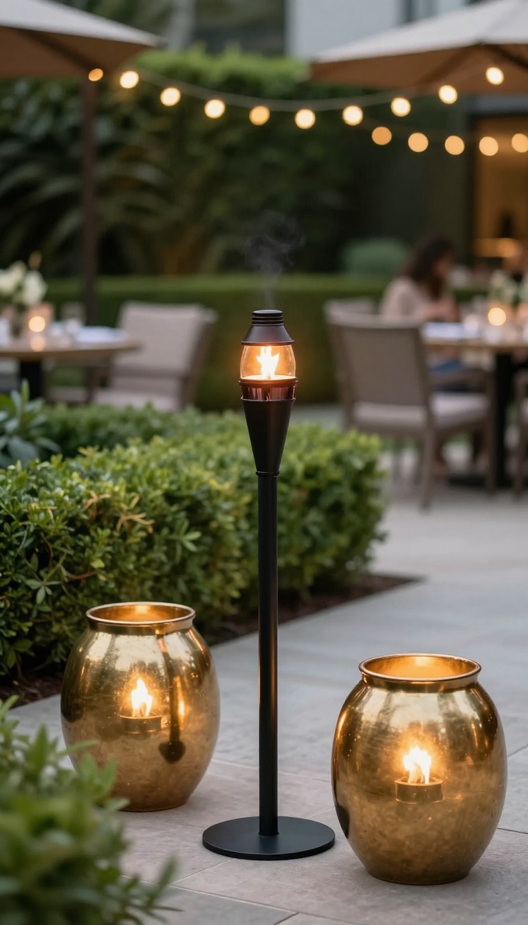 Sleek metal and ceramic citronella torch holders glowing along a backyard party path at dusk