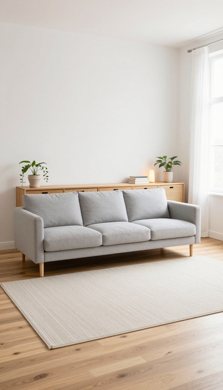 Small living room with a narrow console table placed behind a floating sofa to divide the space, styled with a lamp, books, and a plant