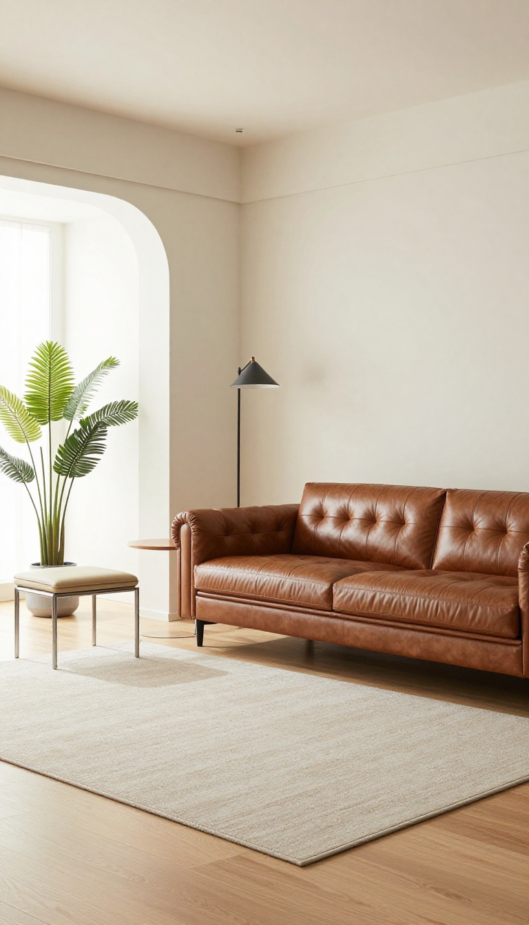 Bright living room with a traditional brown leather Chesterfield sofa styled next to a modern minimalist accent chair near a window
