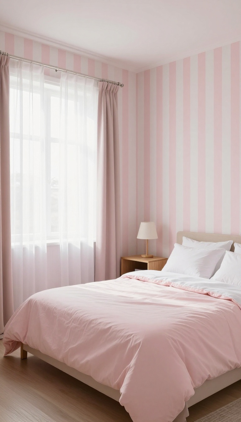 Small bedroom with soft pink and white vertical striped walls and a low white ceiling, styled with a pink bed and bright natural light