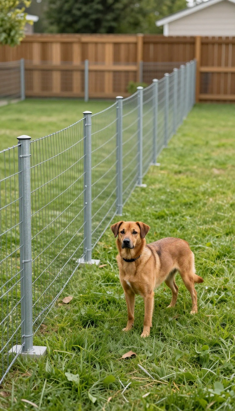 Backyard dog run made from metal T-posts and welded wire fencing stretched in a straight line across a sunny grass lawn with a dog inside