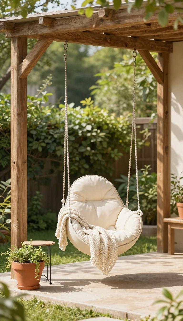 Cream hanging egg chair with cushion suspended from a wooden beam in a small sunlit backyard corner with plants beneath