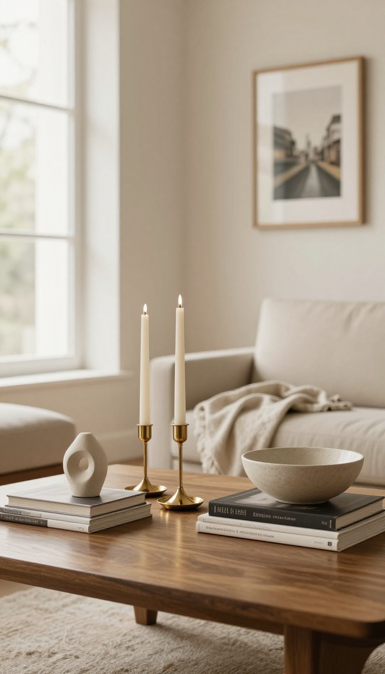 Luxury living room coffee table styled with a candle, small sculpture, low bowl, stacked books, and a soft throw in bright natural light