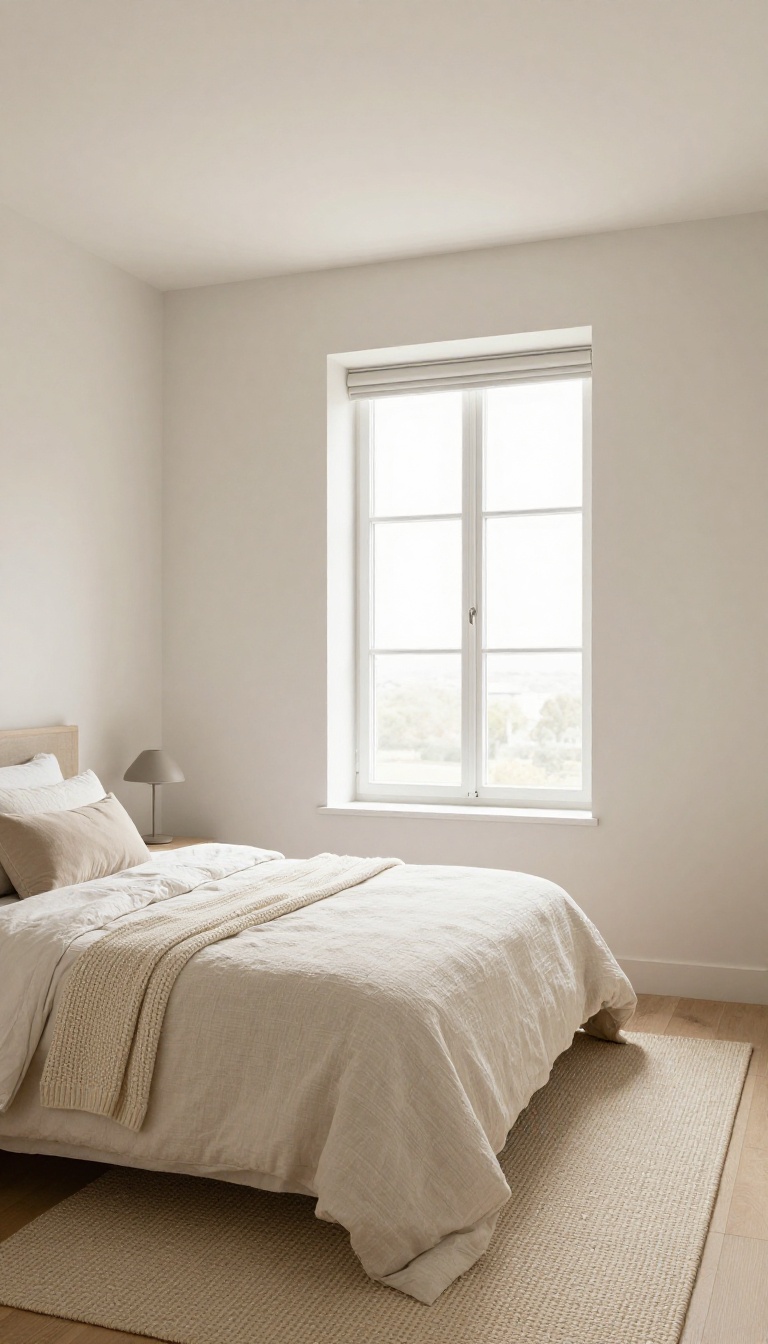 Small bedroom with warm white walls and ceiling, pale linen bedding, and a woven textured rug in soft neutral tones, filled with bright natural light