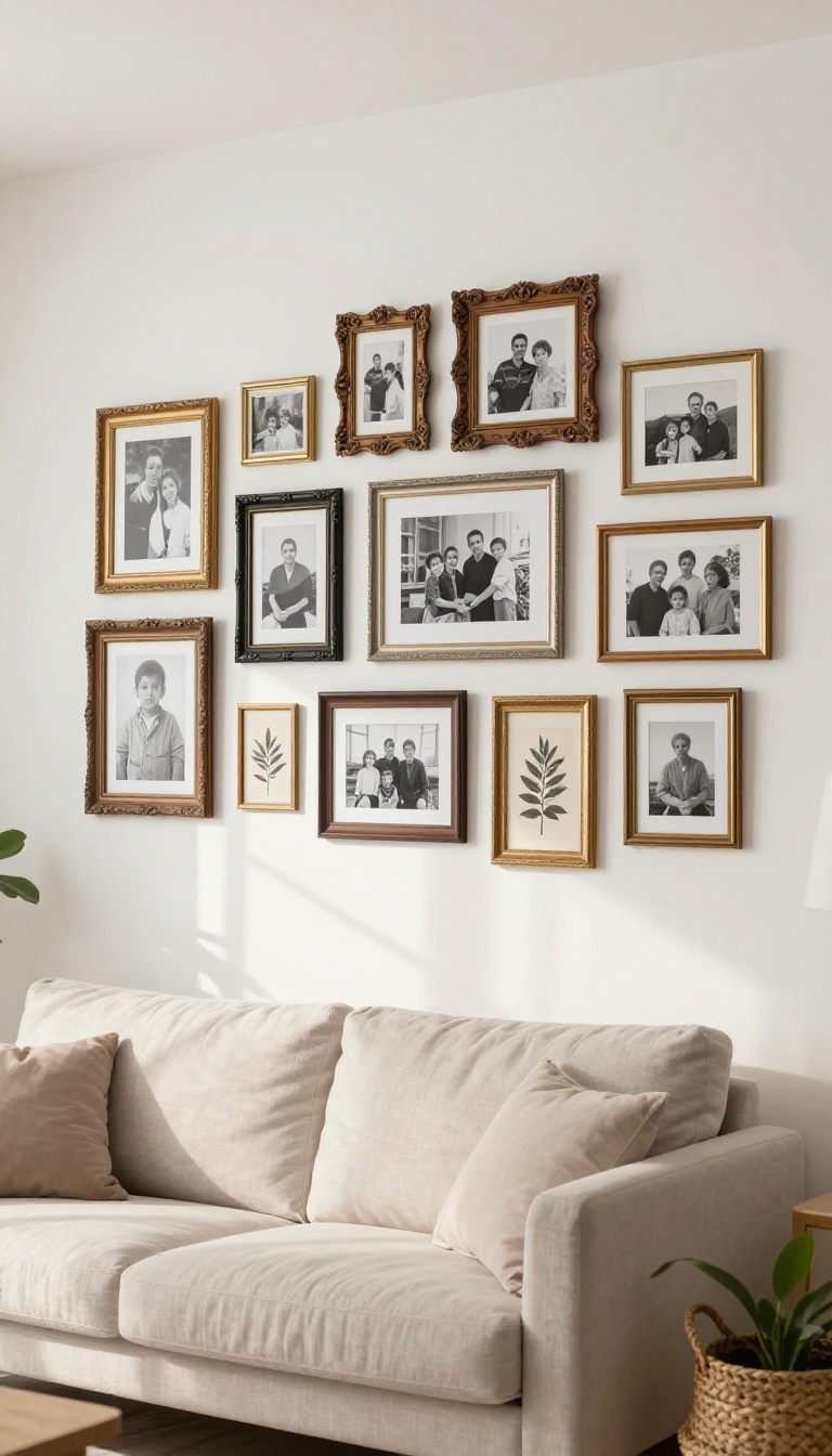 Bright living room wall decorated with a mix of thrifted picture frames in different sizes and styles, some holding black-and-white photos and vintage art