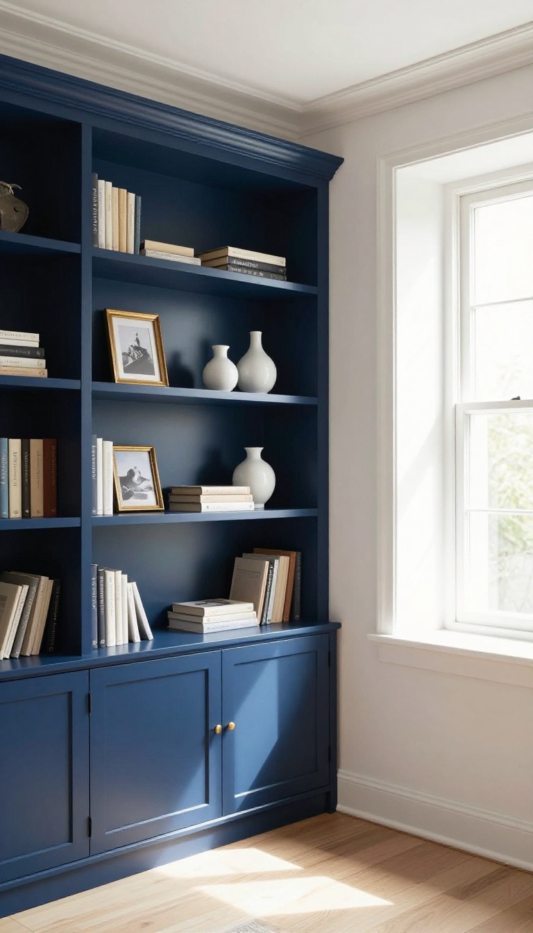 Living room built-in bookshelves painted deep navy blue against soft white walls, styled with light books and ceramics in bright natural light