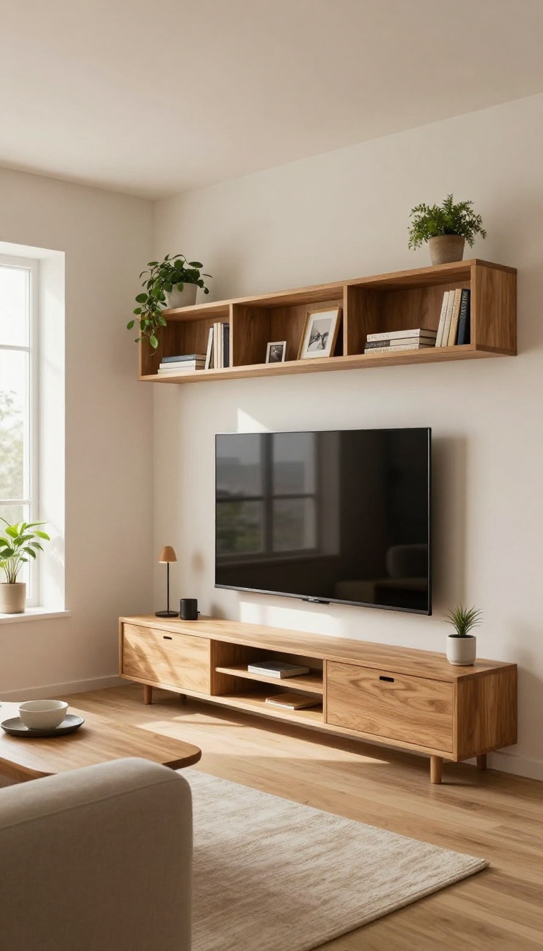 Corner entertainment center in a bright living room with TV, shelves, and cozy decor.