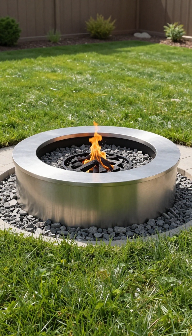 Sunken circular fire pit with a raw steel ring edge set flush into a green backyard lawn