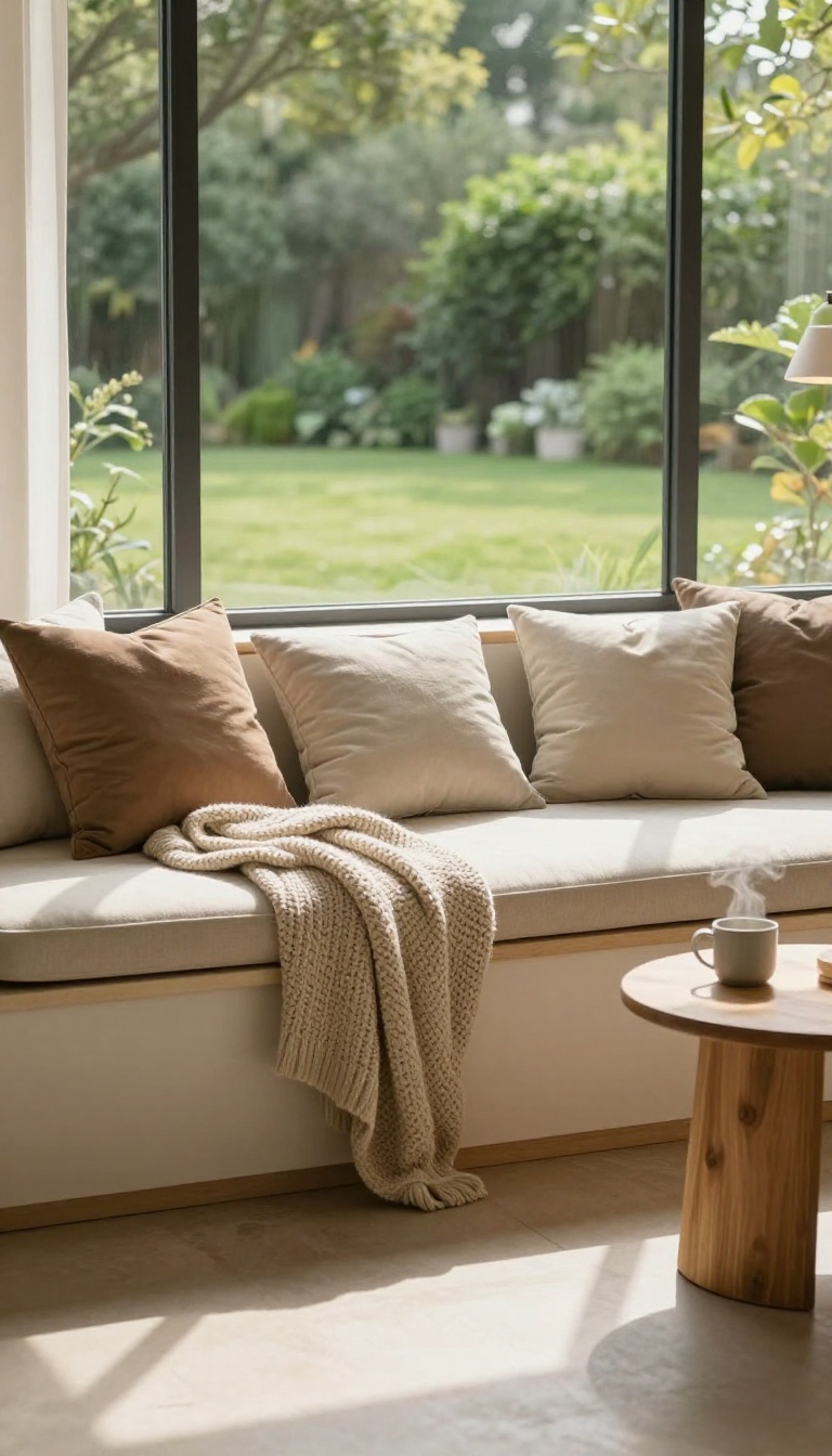 Cozy enclosed patio lounge nook with built-in bench seating, cushions, throws, and warm lighting