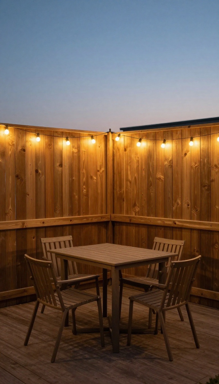 Cozy patio with warm string lights overhead