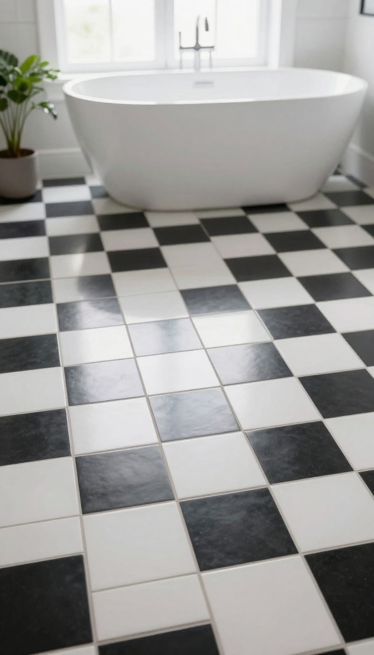 Modern bathroom floor with oversized black and white checkerboard tiles mixing matte and glossy finishes in bright natural light