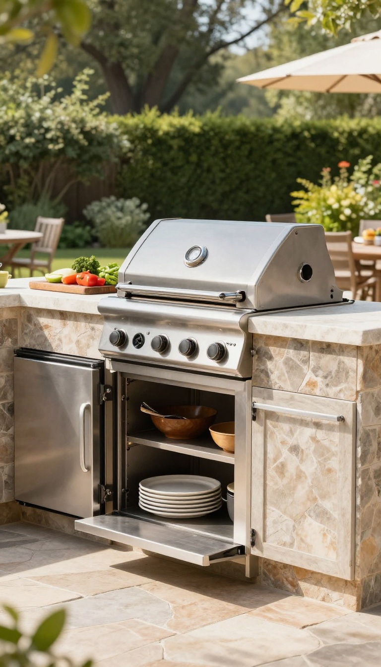 Backyard outdoor kitchen with a built-in grill, prep counter, and dining area in bright natural light