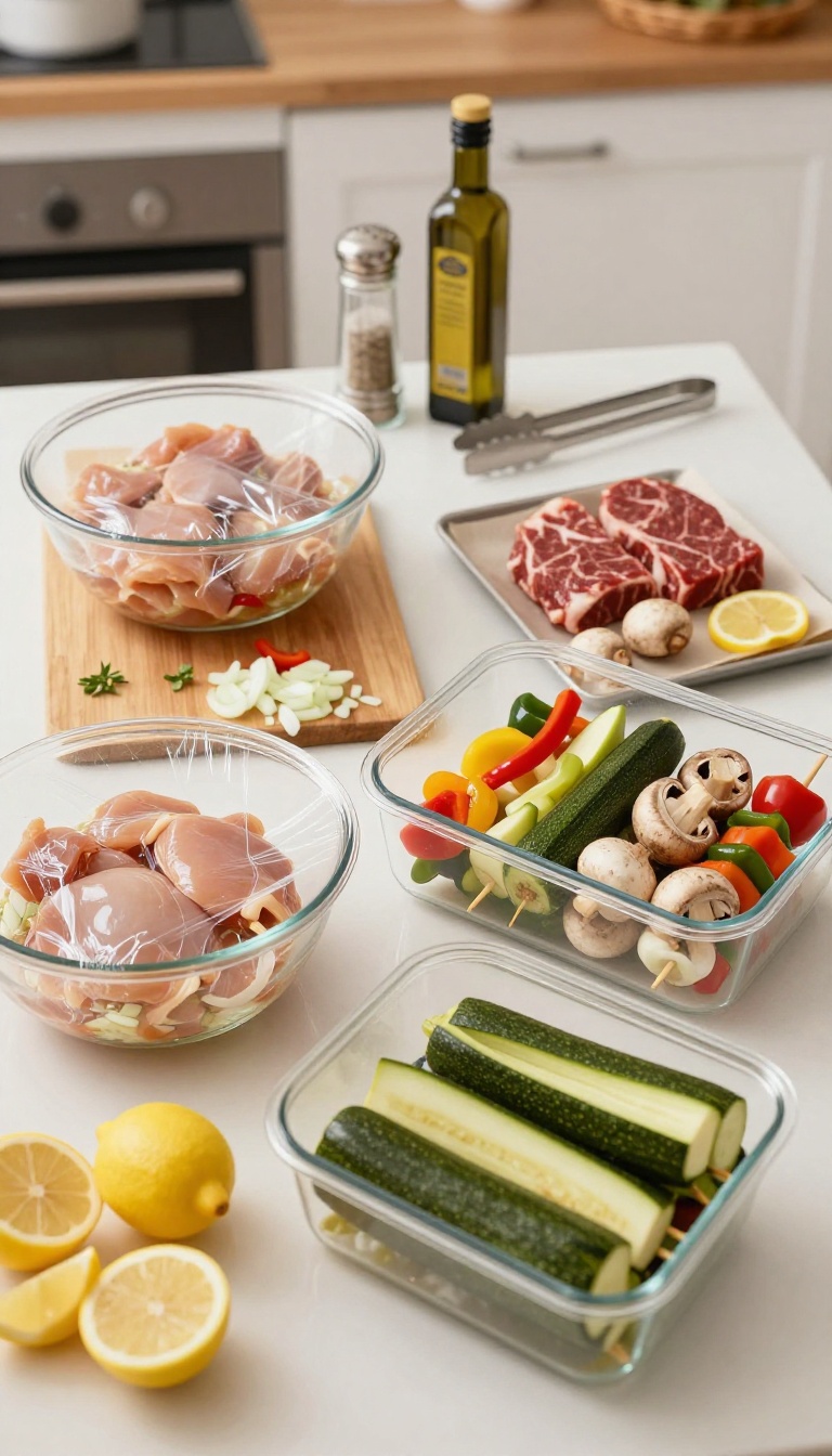 Overnight BBQ prep on a kitchen counter with marinating meat, chopped vegetables, and assembled skewers ready for the grill