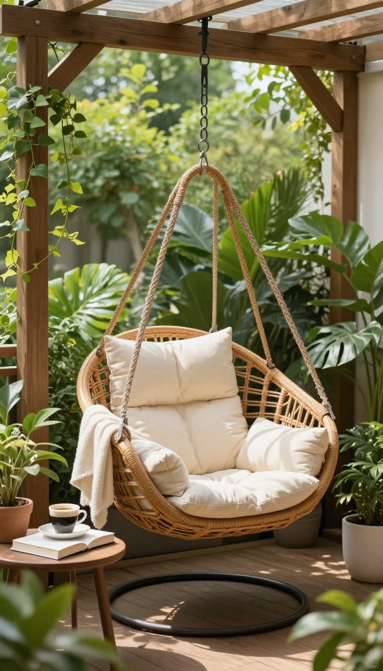 A cozy small patio corner featuring a hanging wicker chair with cushions, surrounded by plants, under a wooden pergola in bright natural light.