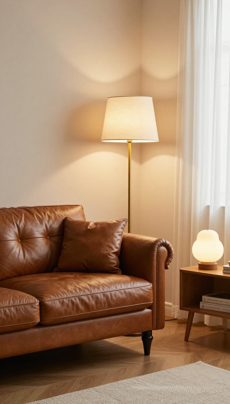 Cozy living room with a cognac leather Chesterfield sofa lit by a warm floor lamp and a small table lamp