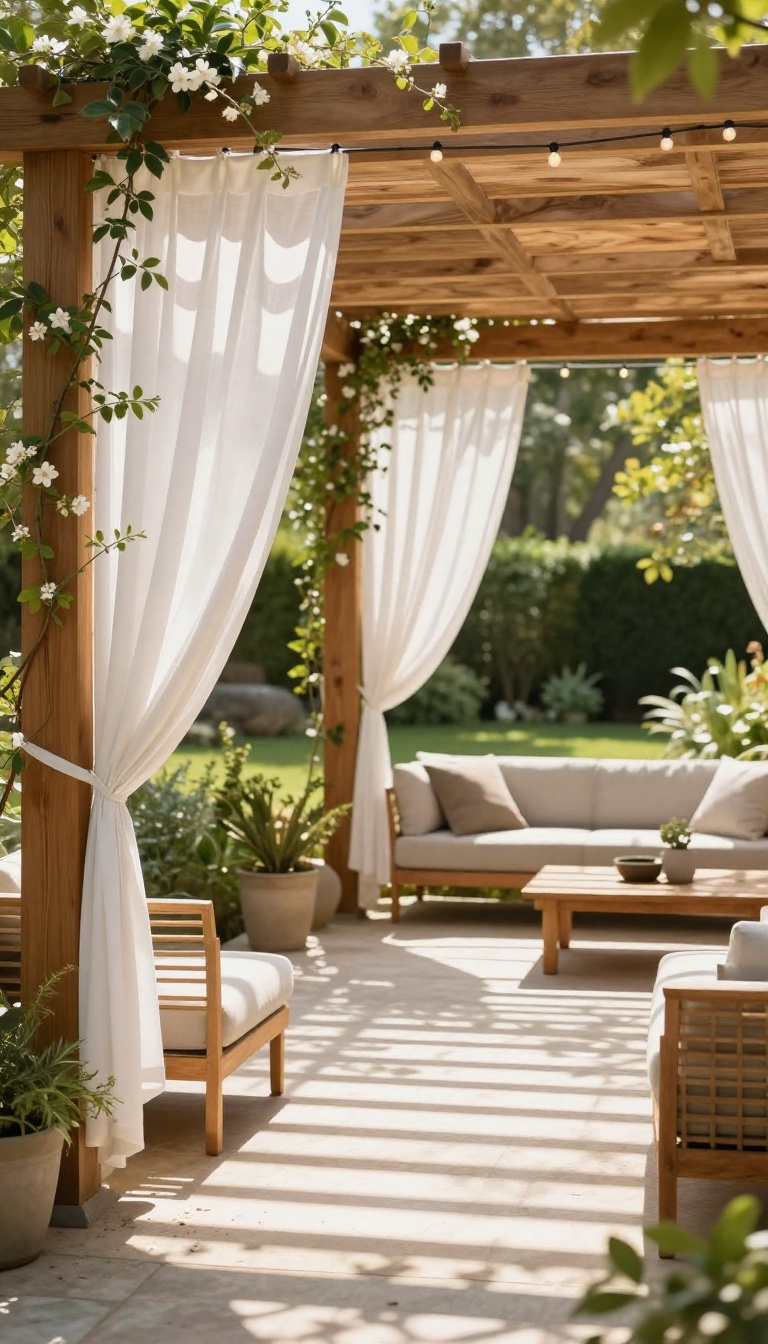 Wooden pergola over a stylish patio seating area with sheer curtains, string lights, and climbing jasmine vines casting soft shadows in bright natural light