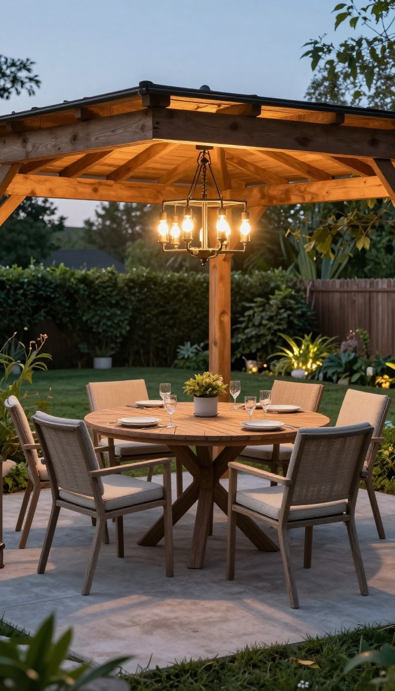 Backyard dining gazebo with a battery-powered chandelier glowing warmly above a round table and weatherproof chairs at dusk