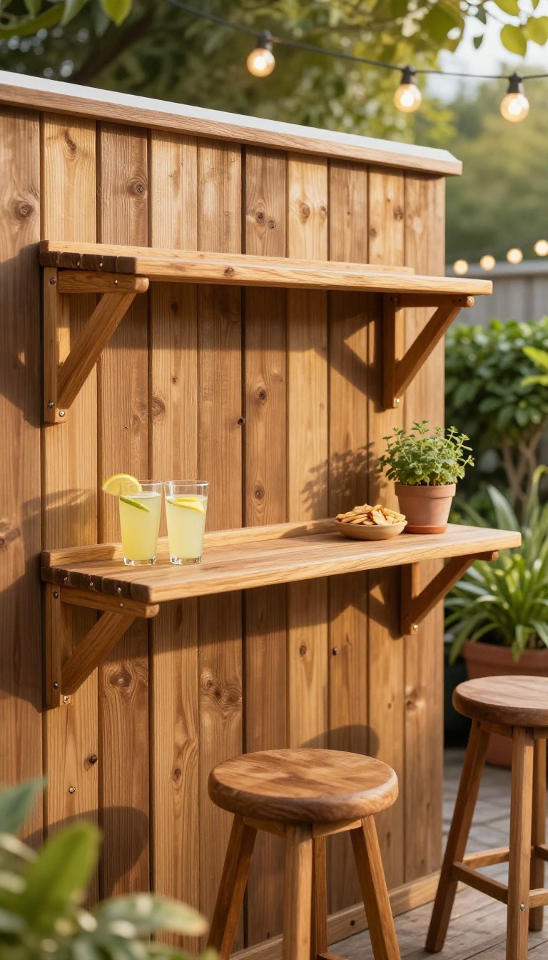 Fold-down wooden bar shelf mounted on a backyard fence, flipped up with drinks and snacks, surrounded by plants in warm natural light