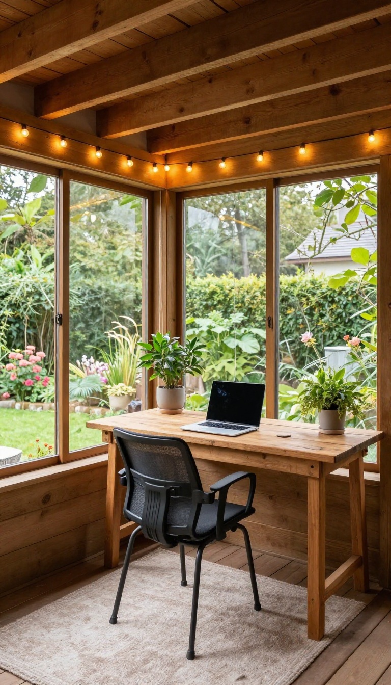 Cozy under-deck home office with desk, chair, and plant, enclosed by clear curtains and surrounded by greenery
