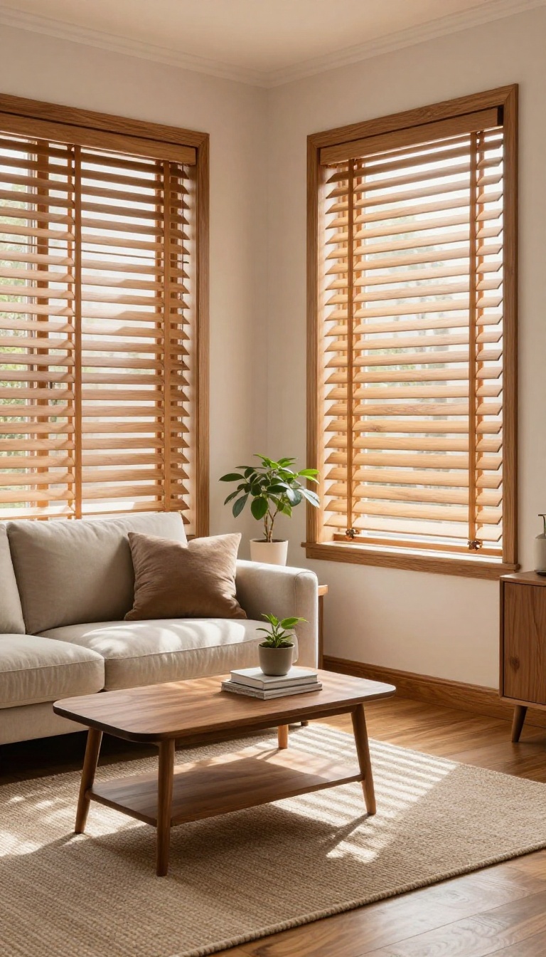 Bright living room with classic wood blinds partially open, casting soft light on a cozy seating area
