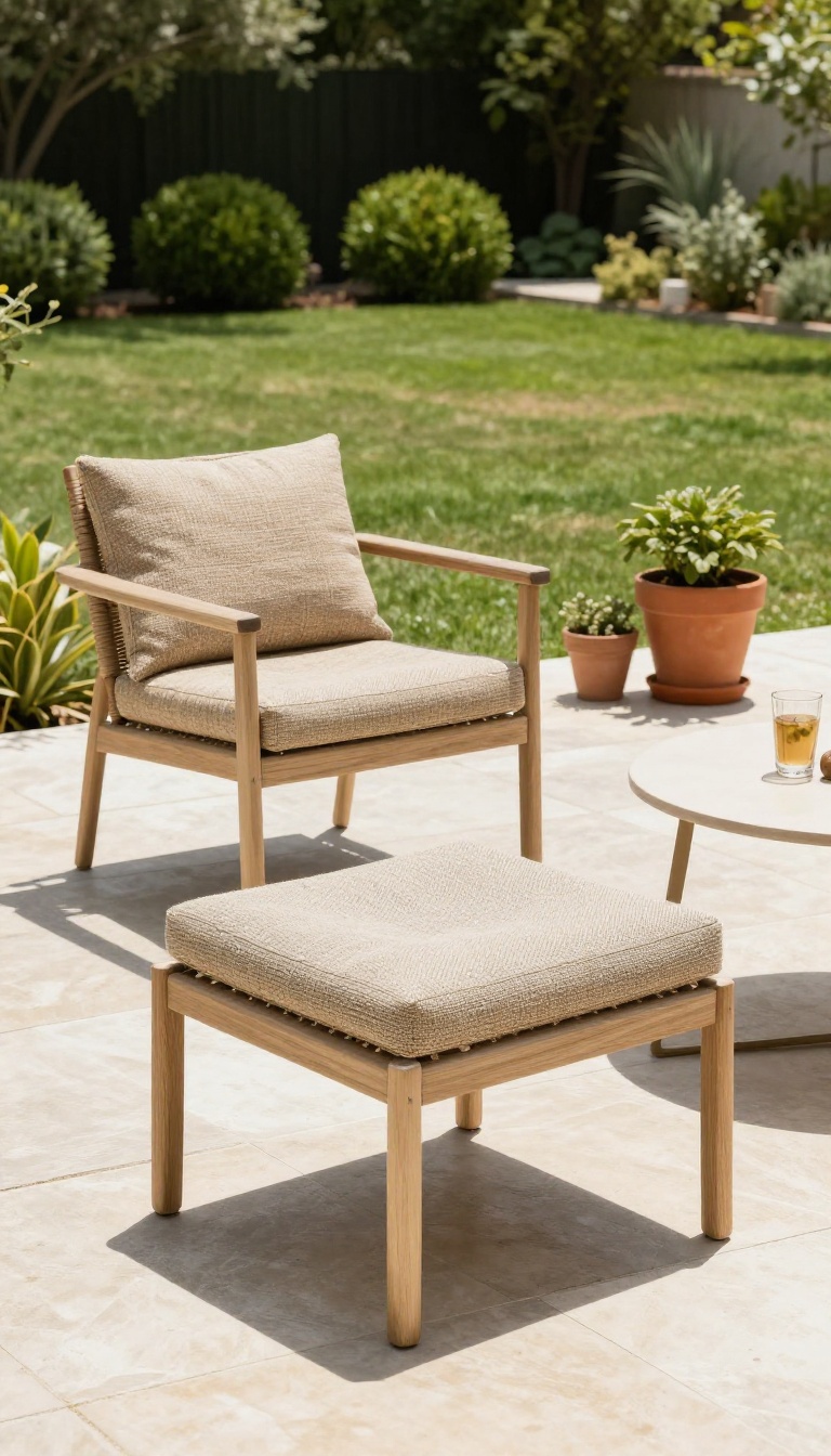 Weather-resistant patio furniture set with teak and all-weather wicker in a bright backyard setting