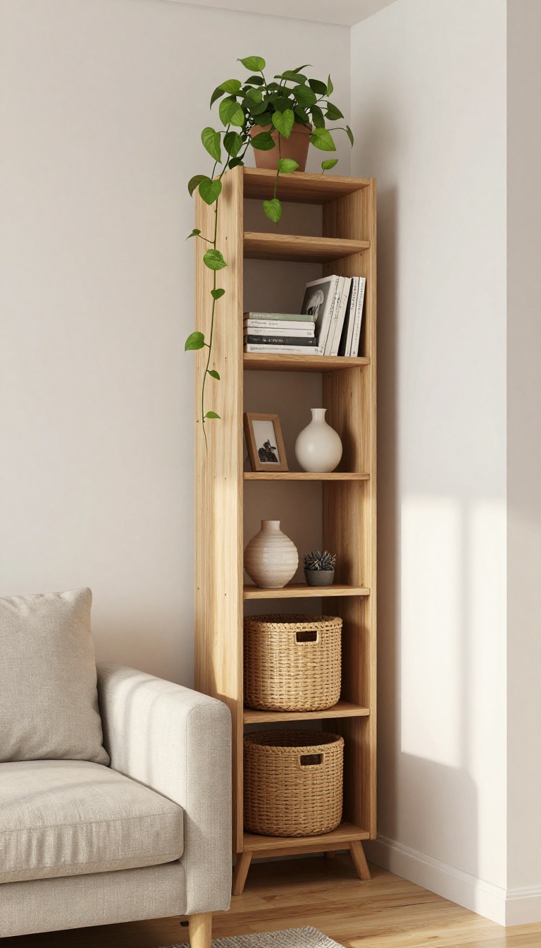 Small bright living room corner with a tall narrow wood etagere holding books, plants, and baskets beside a light sofa