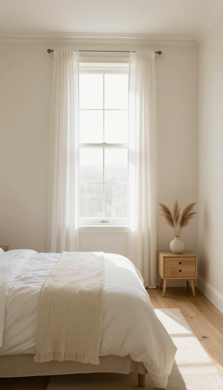 Small bedroom painted in warm white from walls to ceiling for a bright, airy monochrome look