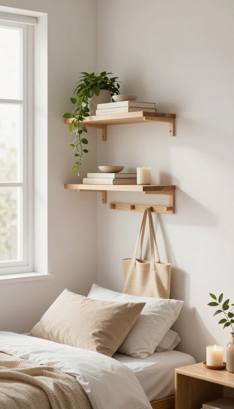 Small cozy bedroom with a slim floating wall shelf above the bed and adhesive hooks holding a tote bag and cardigan, using vertical wall space for storage in bright natural light