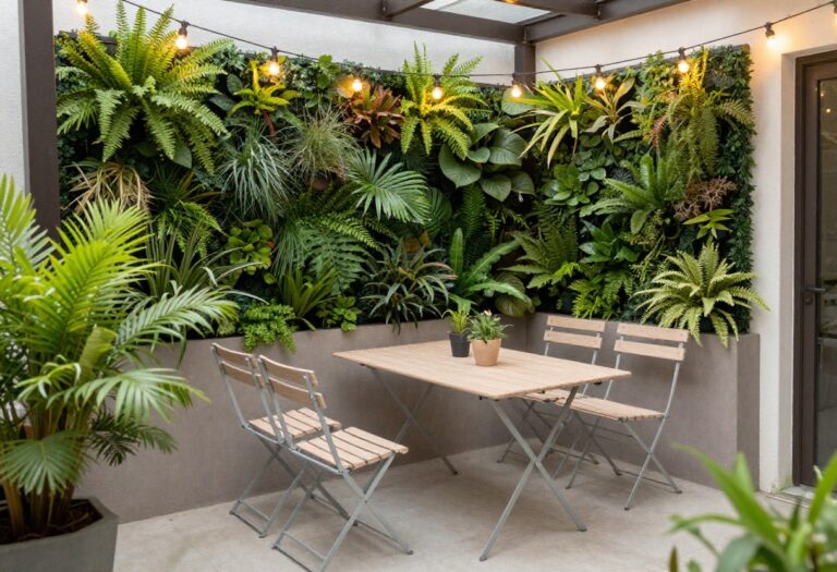 Small patio decorated with vertical planters, foldable chairs, and string lights