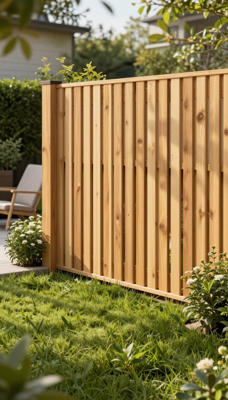 Modern horizontal slatted cedar fence in a sunny backyard with light filtering through the gaps onto green grass