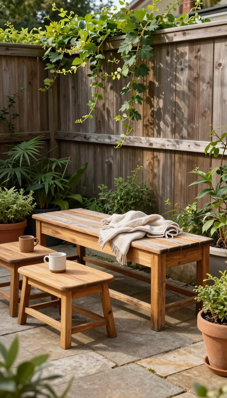 Small backyard patio with a teak storage bench and nesting tables in warm natural light