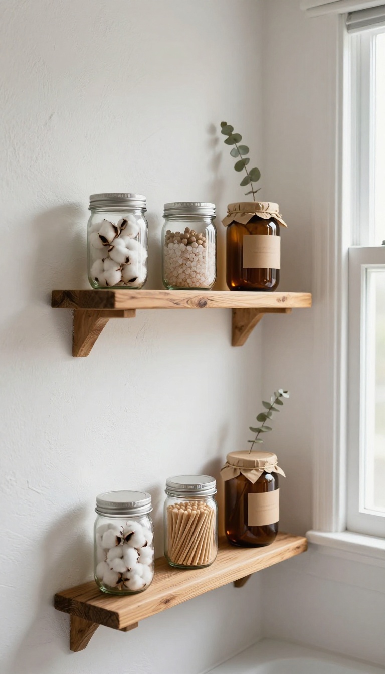 Rustic bathroom open wood shelves styled with glass mason jars holding cotton balls and bath salts in bright natural light