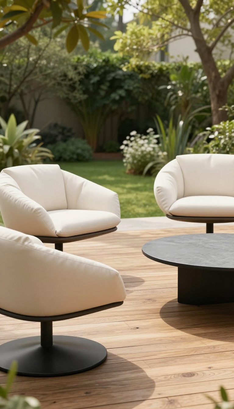Patio conversation set with swivel chairs and coffee table