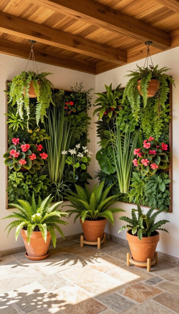 A covered patio decorated with potted plants and a vertical garden, showcasing a blend of greenery and natural light.